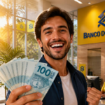 Pessoa com dinheiro nas mãos em frente a uma agência do Banco do Brasil