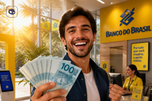 Pessoa com dinheiro nas mãos em frente a uma agência do Banco do Brasil